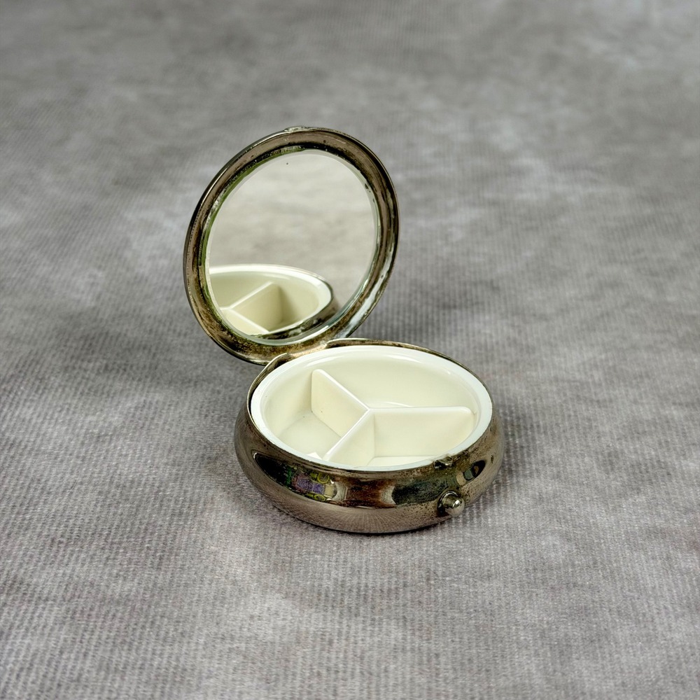 Vintage Silver Tone Round Pill Box 3 Section Organizer with Mirror Snap Closure